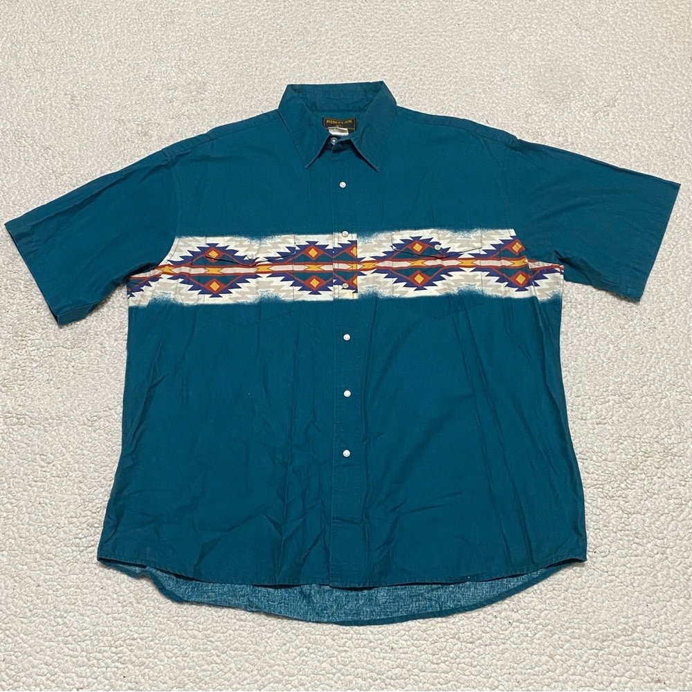 Vtg Rustler Wrangler Western Shirt Mens XL Aztec Short Sleeve Button Green